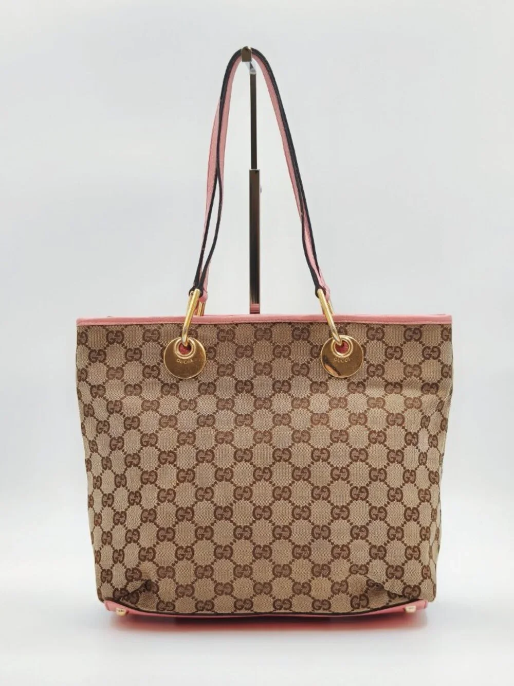 Gucci GG Canvas Pink Leather Tote Bag Gold Hardware Shoulder Bag Made in Italy